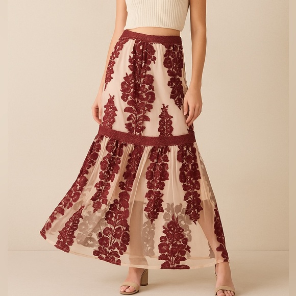 Altar’d State Burgundy Floral Embroidered Maxi Skirt – Size Medium - Picture 1 of 13